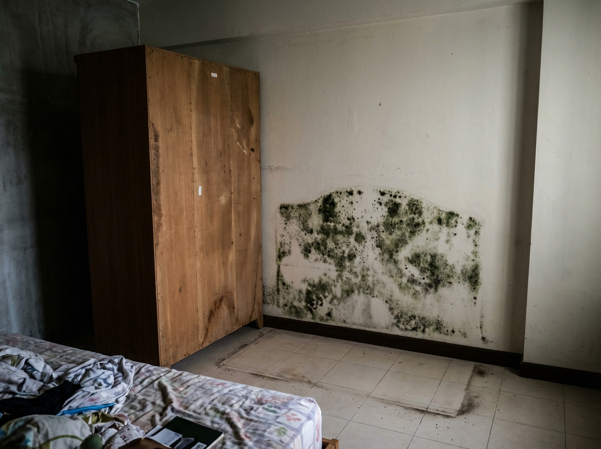 Hidden mold growth discovered behind furniture in Bangkok condominium bedroom