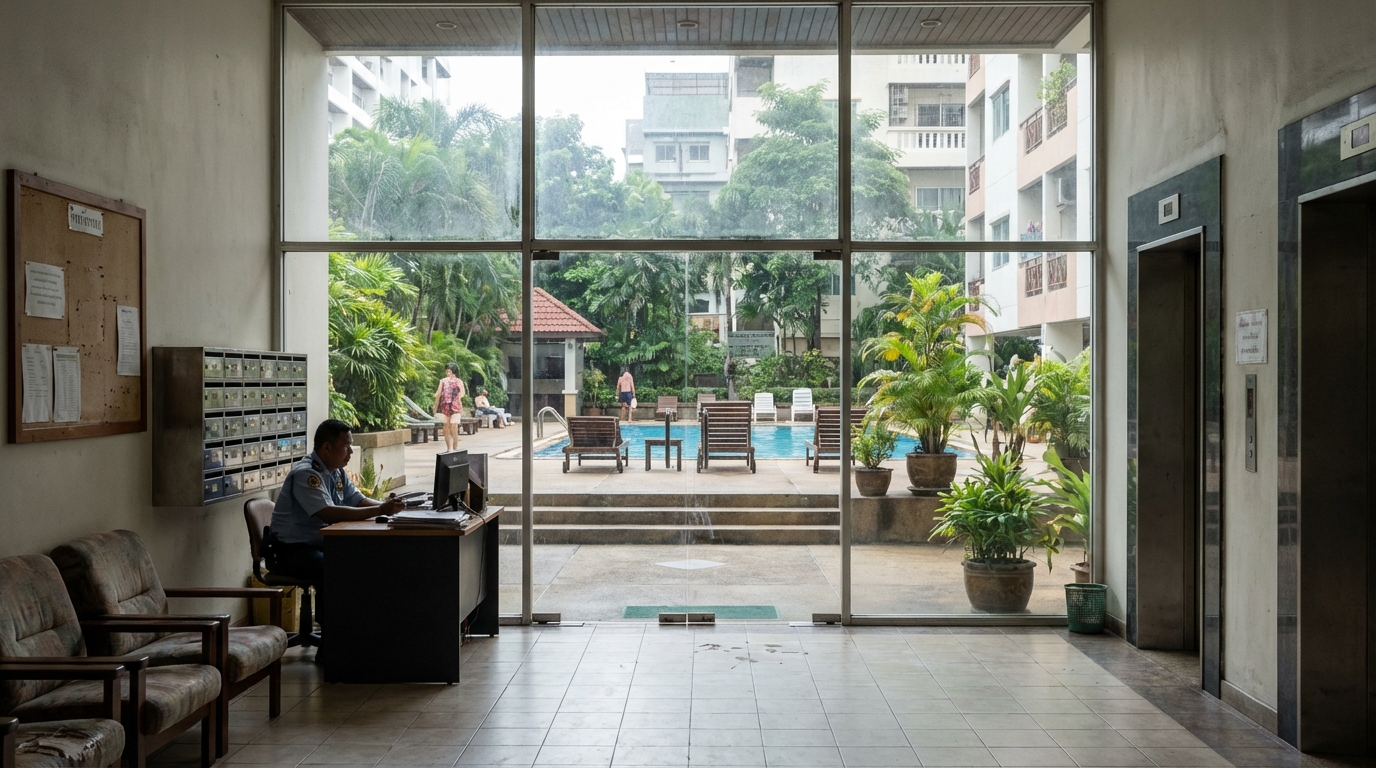 Well-maintained condo common areas including pool, gym, and children's play facilities