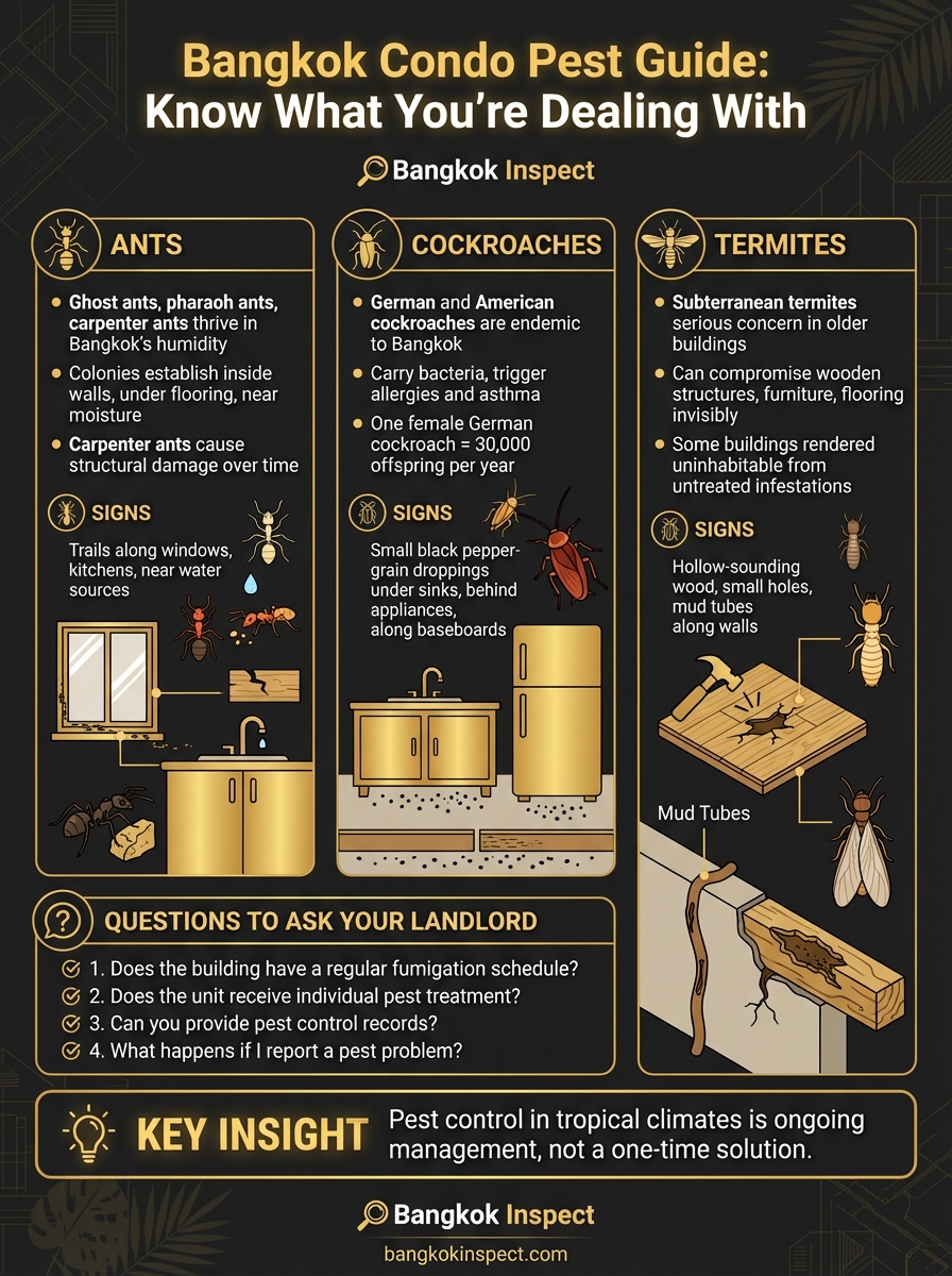 Infographic guide to common Bangkok condo pests including ants, cockroaches, and termites