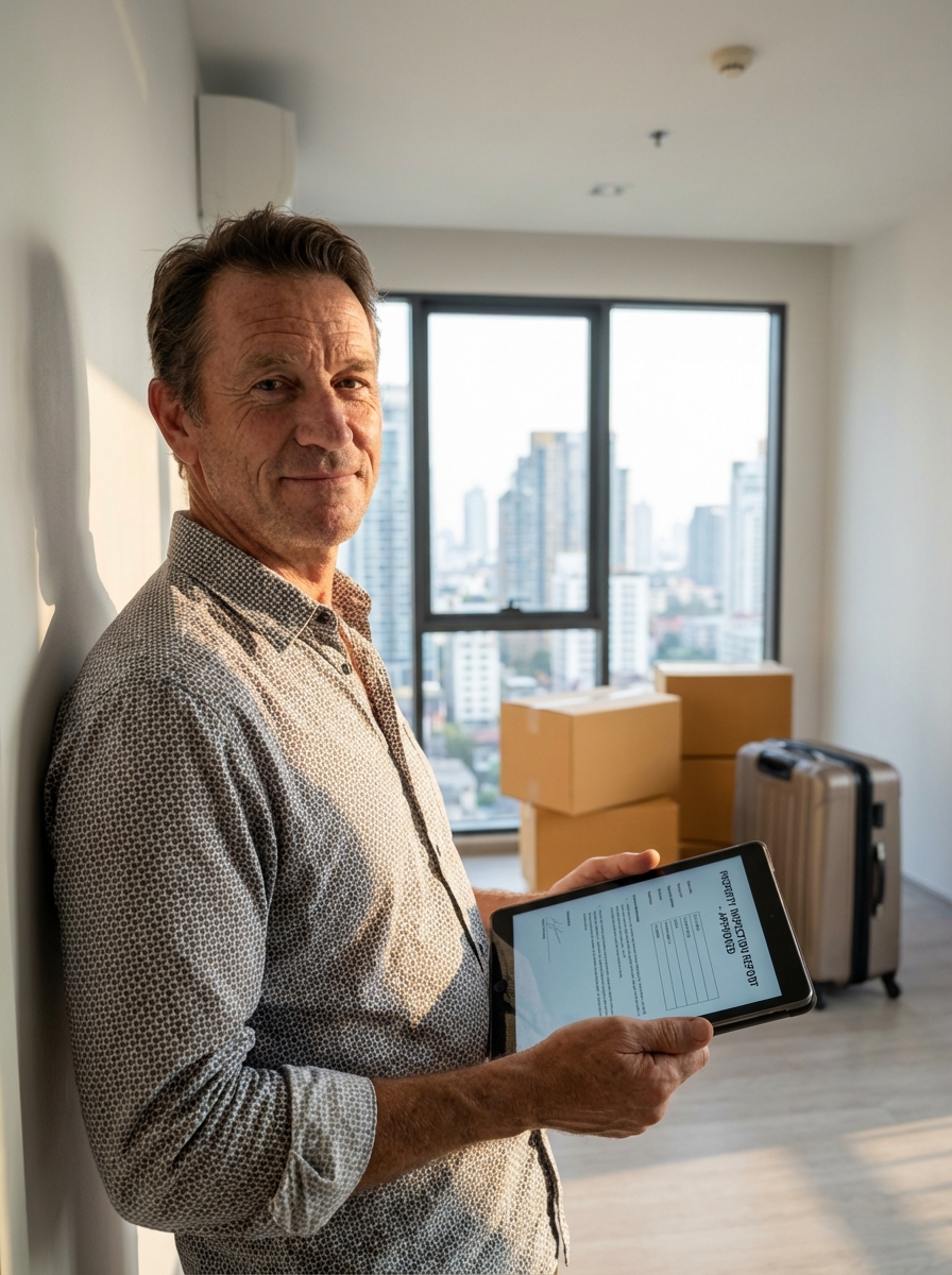 Expat showing relief and satisfaction after successful property inspection and documentation