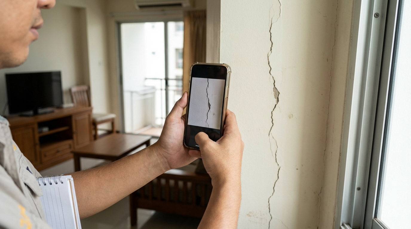 Person using smartphone to photograph and document property issues for maintenance records