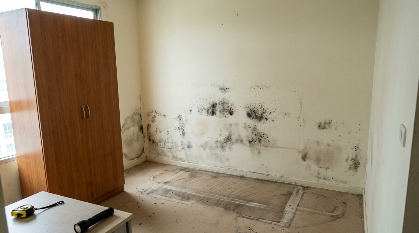 Mold revealed behind a wardrobe in a Bangkok condo, hidden damage you won't spot during a quick viewing